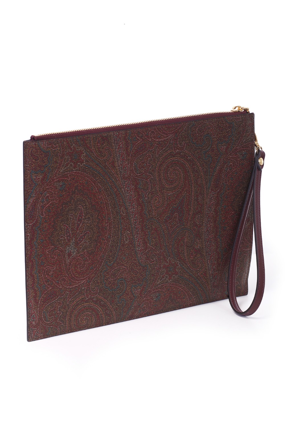 shop ETRO  Borsa: Etro pouch maxi, realizzata nell'iconico tessuto Paisley jacquard e caratterizzata dal logo ETRO Pegaso ricamato a filo dall'effetto tridimensionale. Laccio da polso removibile.
Dimensioni: 32 x 24 cm.
Esterno: Tessuto di cotone Paisley jacquard spalmato con grana opaca e doppiato in tela.
Finiture: 100% pelle di vitello.
Interno: 100% poliestere.
Chiusura con cerniera.
Tasca interna applicata.
Laccio da polso removibile altezza (luce) 18 cm.
Accessori metallici con finitura dorata.
Made in Italy.. 1P039 7567-0600 number 7863642